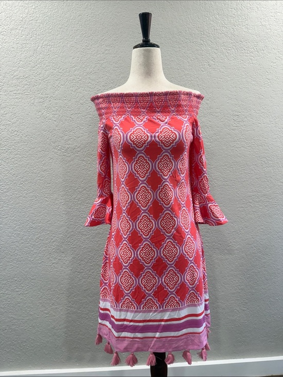 Cabana Life Dresses & Skirts - Cabana Life Off-the-Shoulder Pink Patterned Tassel Dress